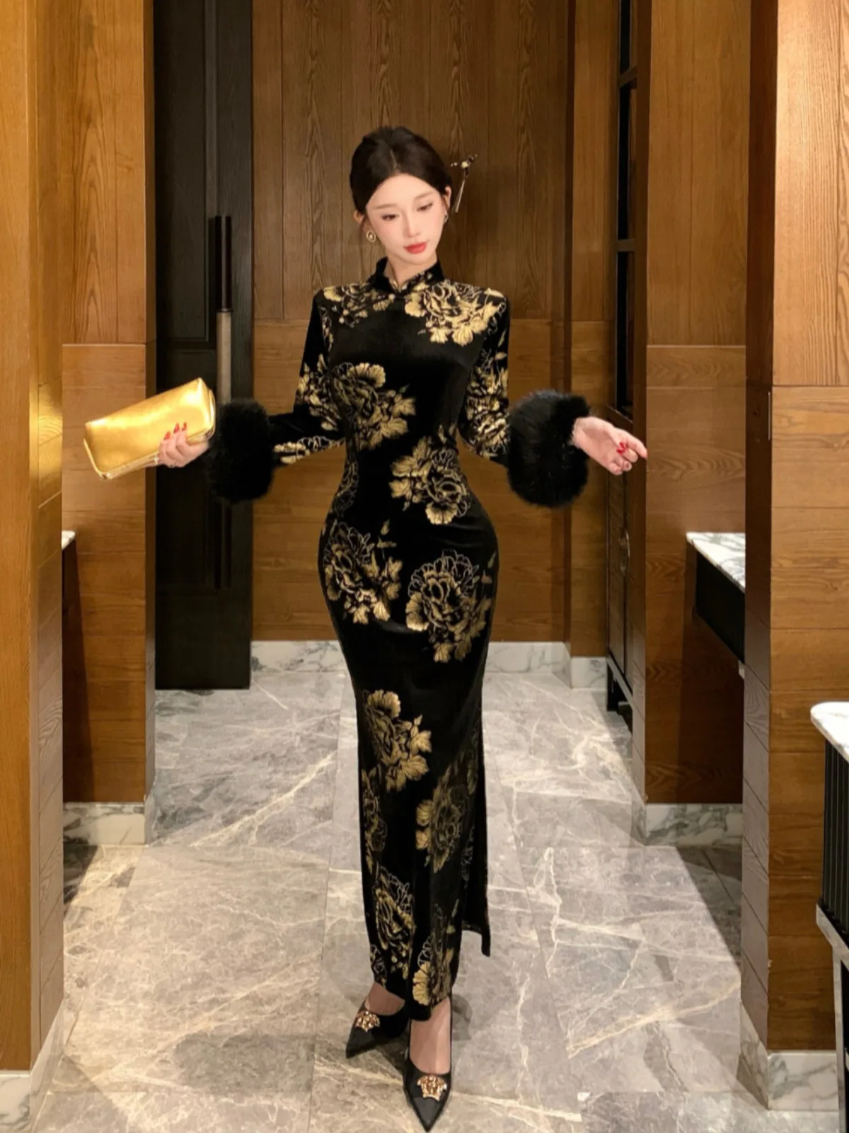 جديد الصينية Sle التخسيس تشيباو الدكتور الذهب الطباعة المرأة Faion الخريف الشتاء تنوعا عالية طوق طويل Sve ميدي الدكتور