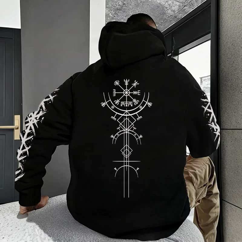 2026 Men's Viking Rune Compass Raven Print Hoodie Oversized Loose Front Back & Sleeve Graphic Streetwear Casual Pullover Sweatsh