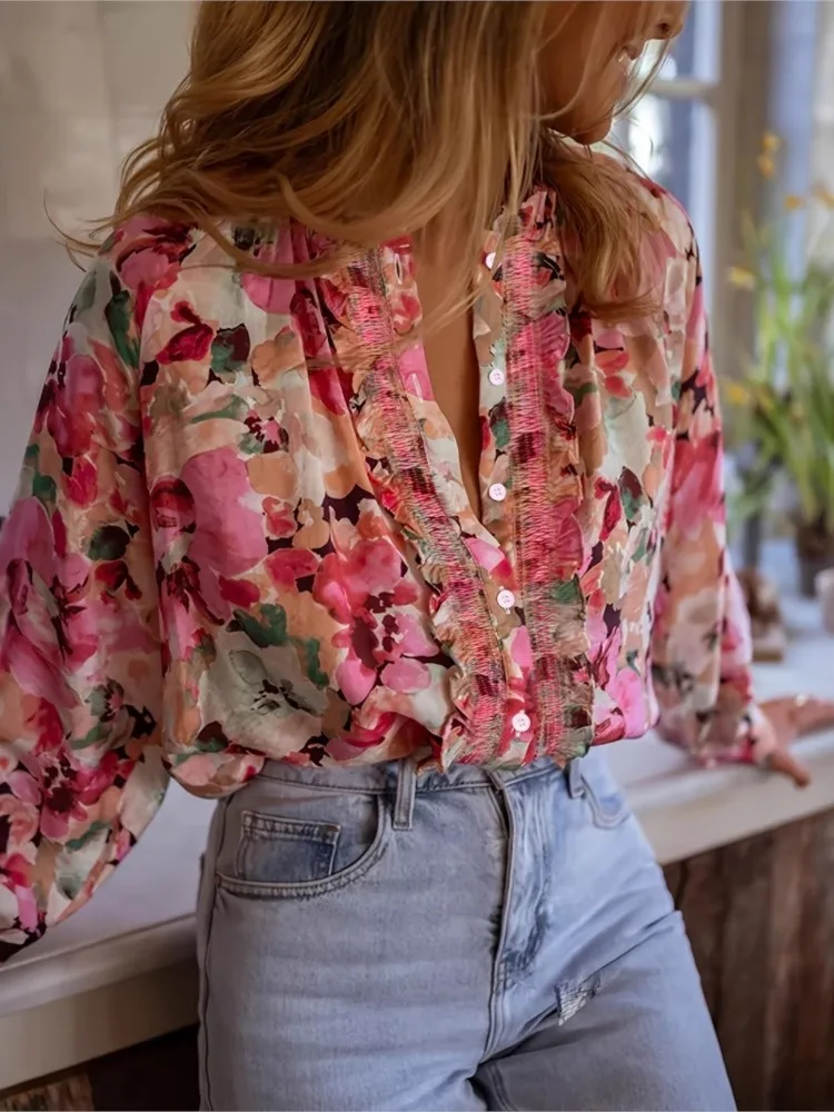 

Elegant Print Shirt For Women Fashion Long Sleeve V Neck Button Shirts Tops Lady Casual Holiday Womens Clothing Spring New 2025