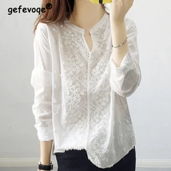 Spring Autumn New Solid Hollow-out Lace Blouse Women Long Sleeve Floral Patterns Embroidery Casual Lady Shirt Cotton Chic Tops