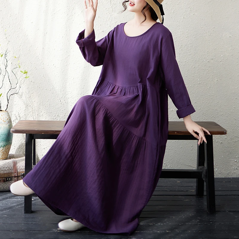 Ladies plus Size Dress round Neck Long Sleeve Cotton Linen Gored Skirt Vintage Style Casual A-Line Dress Elegant Mommy Clothes