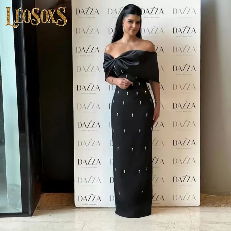LEOSOXS ブラック オフショルダー ドレス リボン サテン ガウン ラインストーン フロアレングス フォーマル パーティー ウェア スタイリッシュ エレガント シック イブニング アタイア