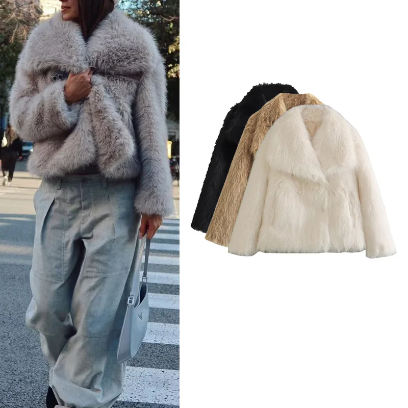 유행 스트리트 스타일 여성 코트 가을 겨울 새로운 도착 느슨한 짧은 인공 모피 칼라 스탠드 업 캐주얼 겉옷