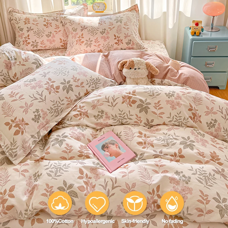 

100% Cotton Duvet Cover Set - Luxury Floral Print, Breathable Sweat-Absorbent Bedding Set (1 Duvet Cover 2 Pillowcases)