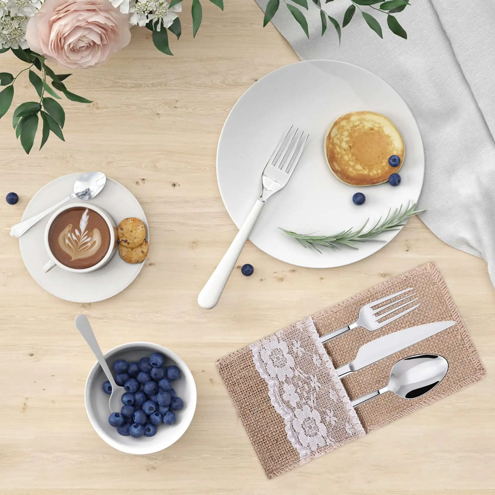 

75Pcs Burlap Lace Cutlery Pouch Rustic Wedding Tableware Knife Fork Holder Bag Hessian Jute Table Decoration Accessories-B09B