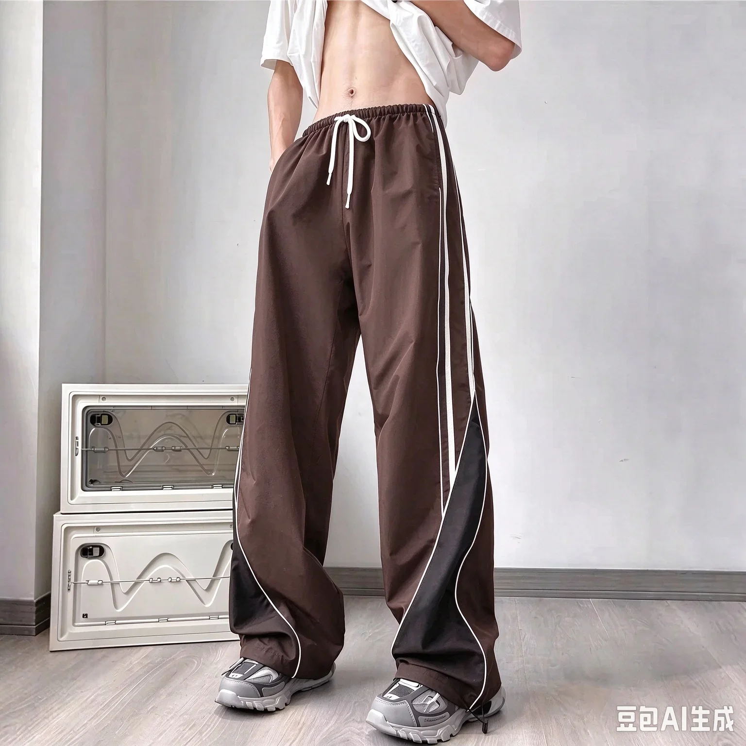 Heißer Verkauf Unisex gebogene weiße Seitenstreifen-Fallschirmhose mit weitem Bein, lockere Baggy-Hose für Herren, Hip-Hop-Streetwear, lässige Sporthose – Detail 13