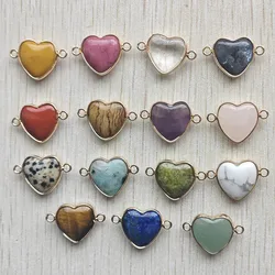 New Fashion natural gemstone love Heart Shape Double Hole Pendants Charm Diy Jewelry accessories making 15pcs/lot wholesale