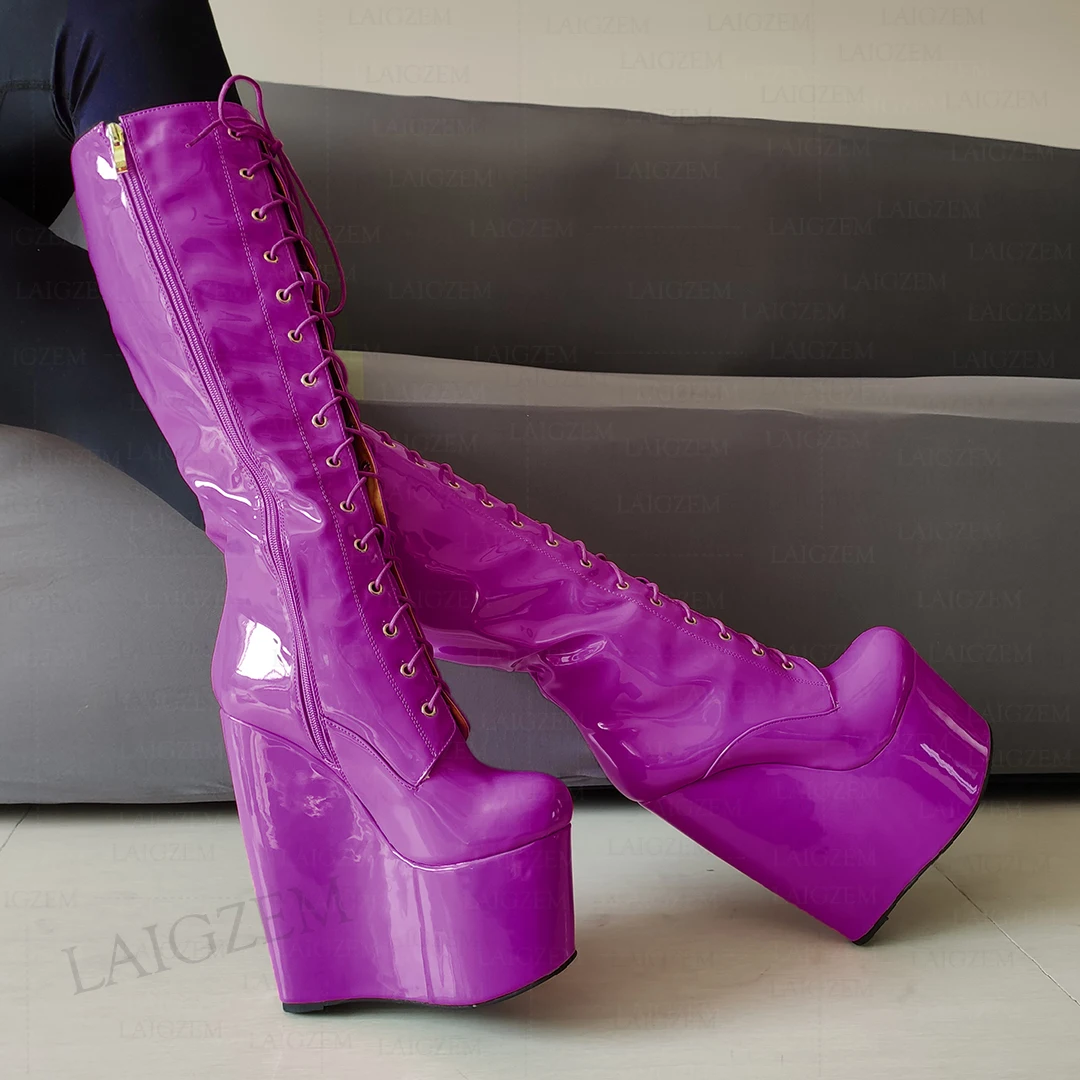 LAIGZEM Women Knee High Boots 20cm High Heels Platform Wedges Side Zip Up  Tall Boots Handmade Shoes Woman Big Size 37 41 43 47