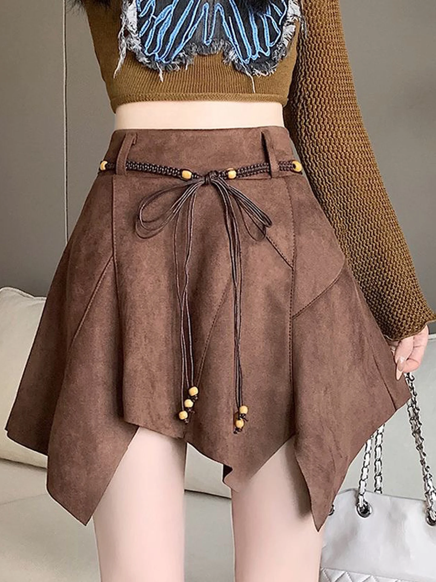 Retro Korean Design Asymmetrical Suede  Skirt Women's High Waist A-Line Skirt Short Umbrella Skirt Commute Style
