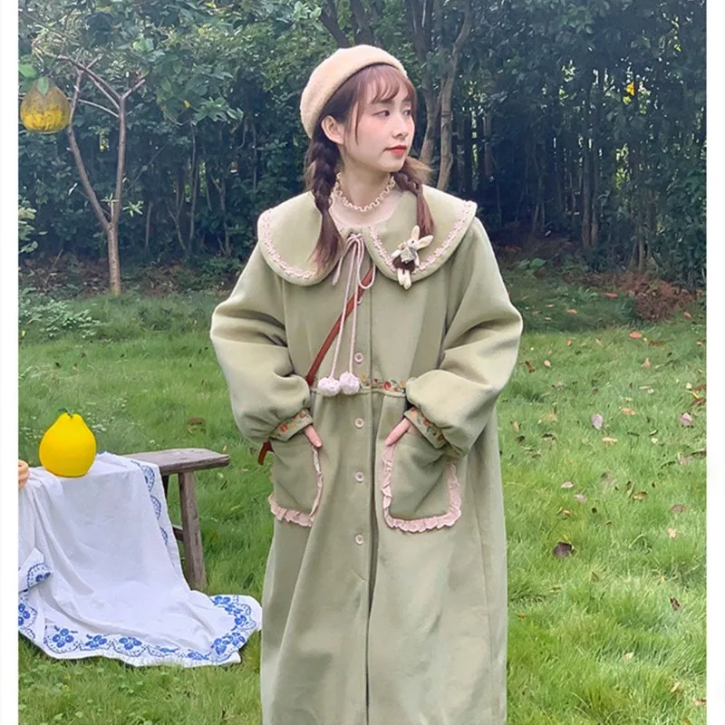 

Women's Cotton-lined Thickened Wool Coat Autumn and Winter Japanese Style Sweet Embroidery Outerwear Fashionable Comfortable