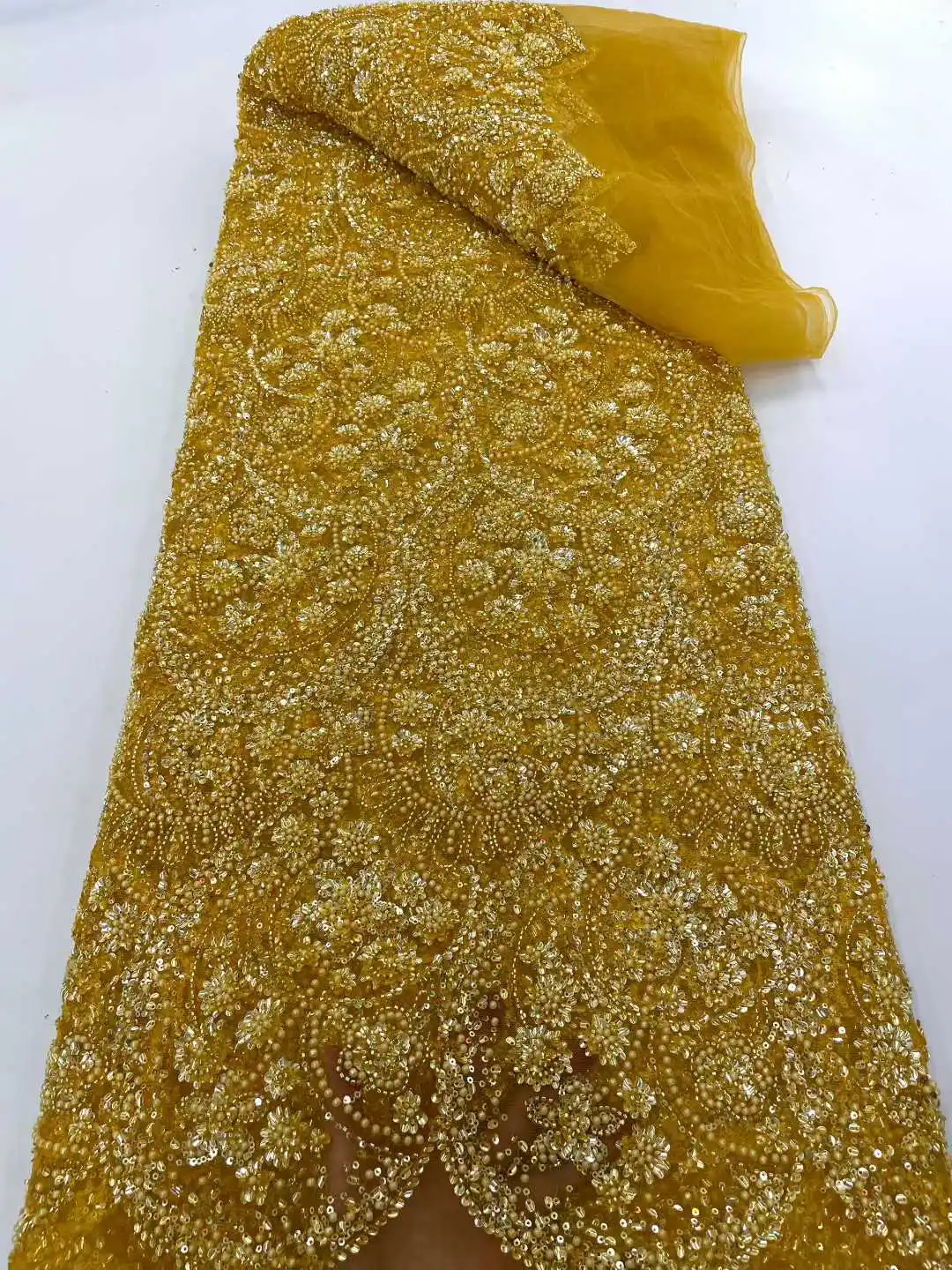 

Gold African Mesh Sequins Lace Fabric 2025 High Quality French Tulle Lace Nigerian Beads Net Lace Fabric For Woman Party Dress