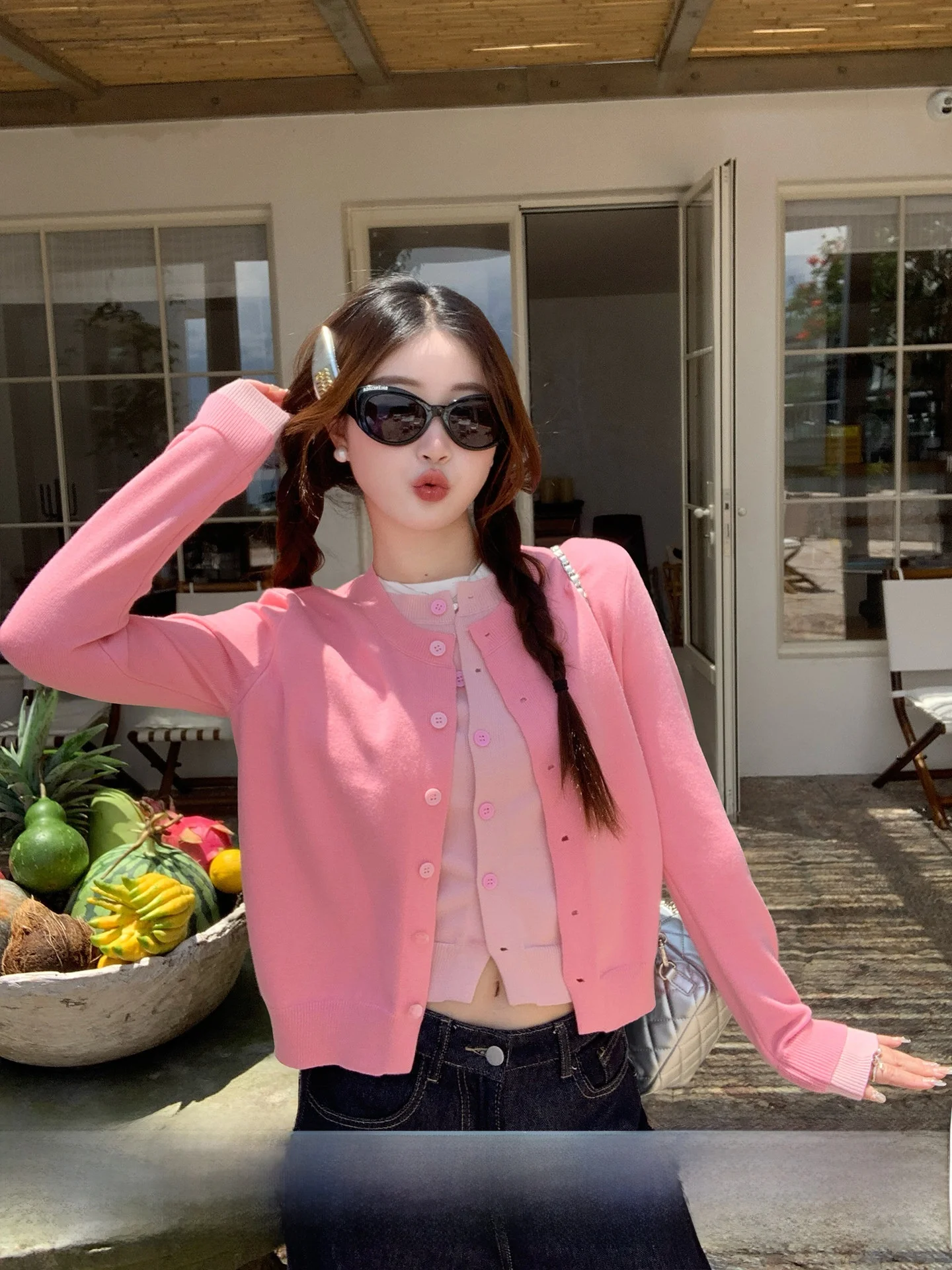 

Pink Knitted Sweater Coat Women's Spring Autumn Outerwear Korean Style Loose Fit Long Sleeve round Neck Casual Travel Top