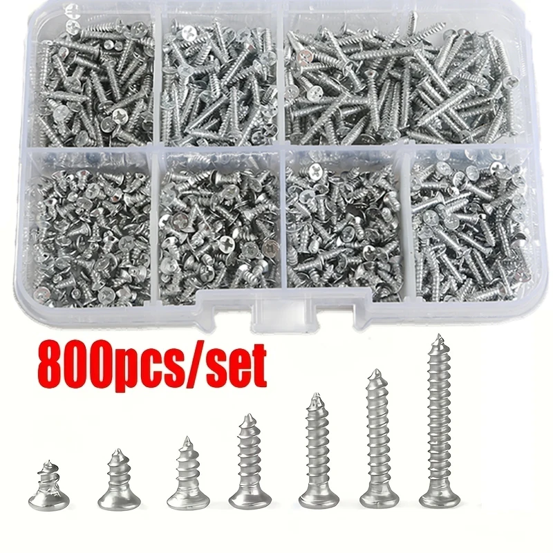 Set mit 800 selbstschneidenden Holzschrauben, M2 Phillips-Flachkopfschrauben für Blech, Sortiment-Kit mit Selbstschrauben und Sicherungsmuttern – Detail 7