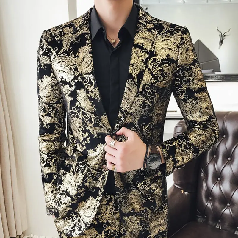 2-A8 Men's Korean Slim Floral Suit, Bronzing Spring Trendy Small Suit, Nightclub Hst's Top Two-piece Set