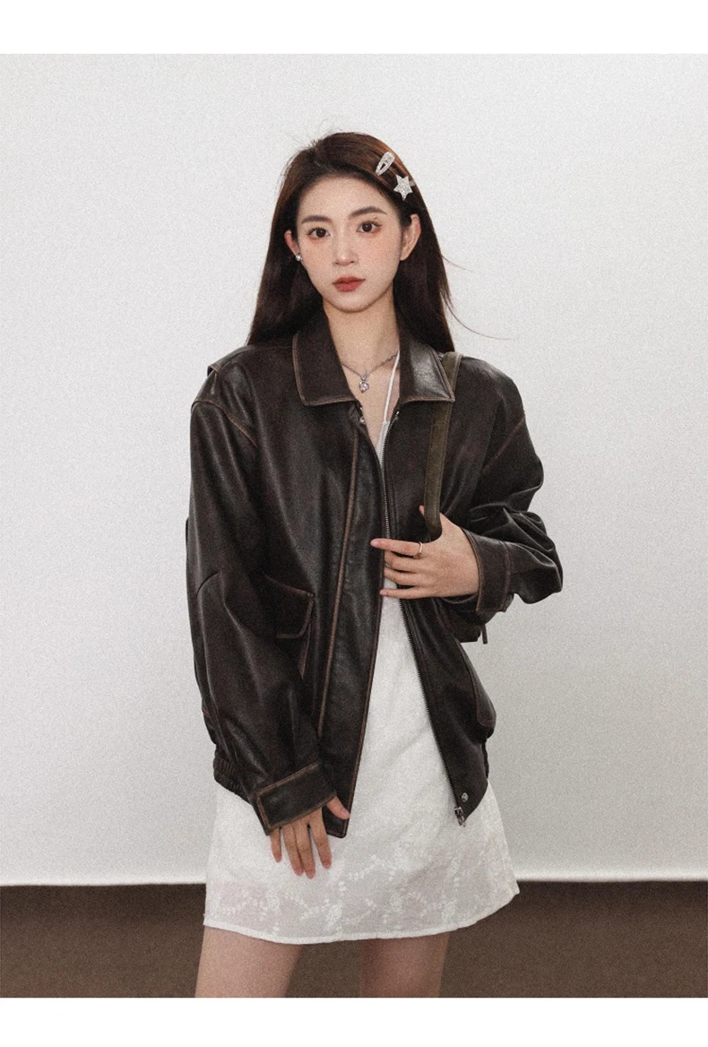 Lautaro Spring Autumn Cool Handsome Soft Vintage Distressed Brown Pu Leather Jacket Women Long Sleeve Luxury Designer Clothing
