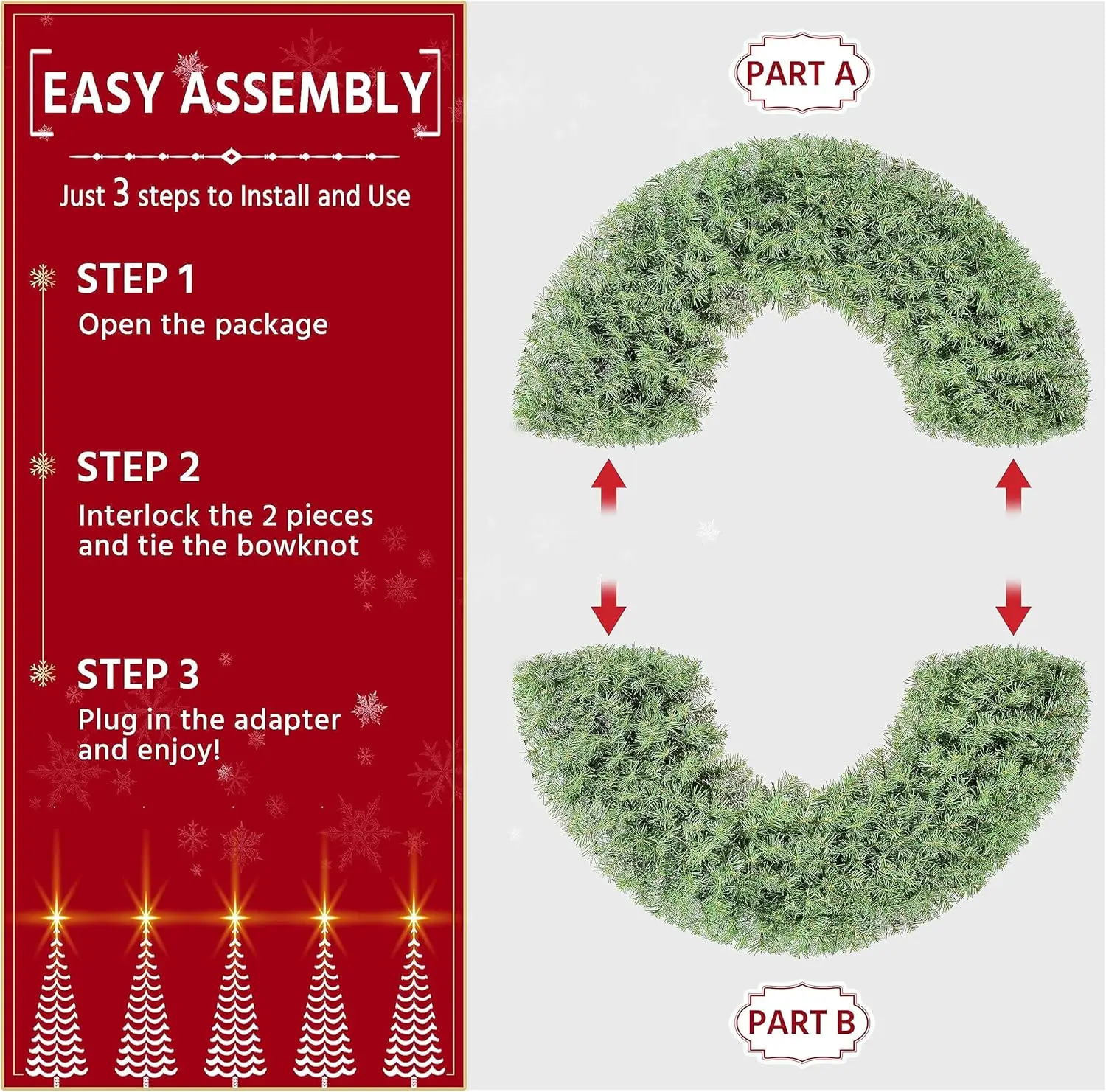 إكليل عيد الميلاد الاصطناعي الكبير مقاس 48 بوصة من Yaheetech، زينة للعطلات مضاءة مسبقًا مع قوس أحمر، 200 مصباح LED ونصائح 720 PVC