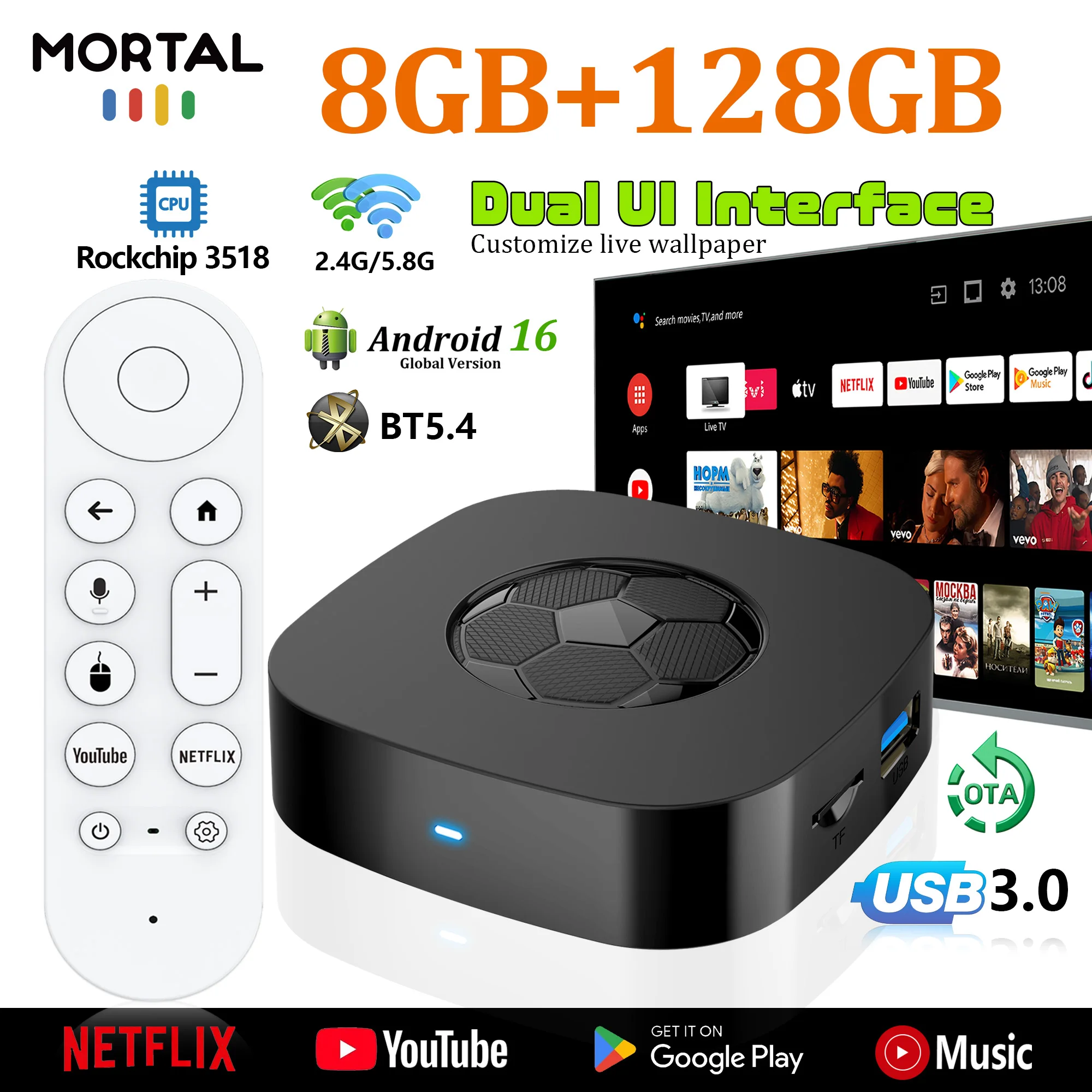 

Новая ТВ-приставка Mortal T1 Ultra на базе Rockchip RK3518, 2/8 ГБ, 16/128 ГБ, Wi-Fi 6, Bluetooth 5.4, Dual UI, 8K-декодирование, HDR, Android 16, Smart Media Player