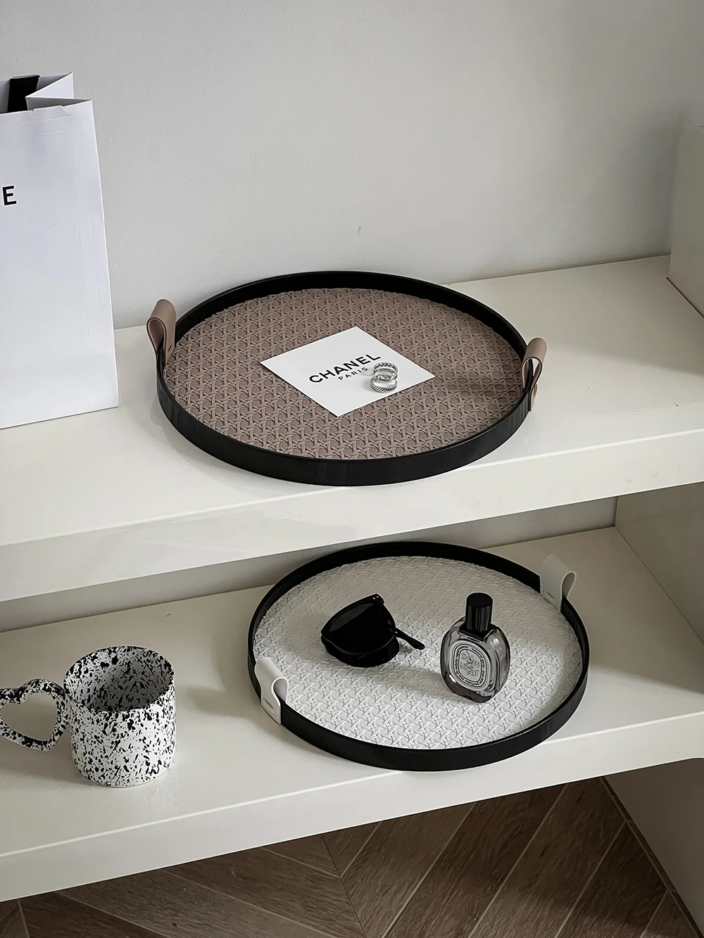 Nordic Round Jewelry Tray Woven Leather Storage Tray Living Room Kitchen Desktop Cosmetic Sundries Plate Home Decoration