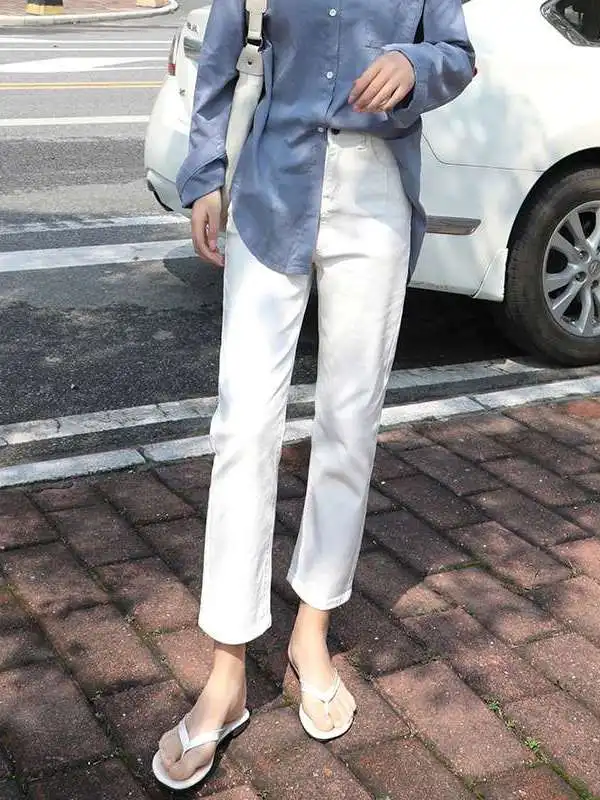 

High Waist Straight Leg Jeans for Women Summer And Early Autumn Thin New Cleanfit Sle mid Stretch PU Fabric Bla Color