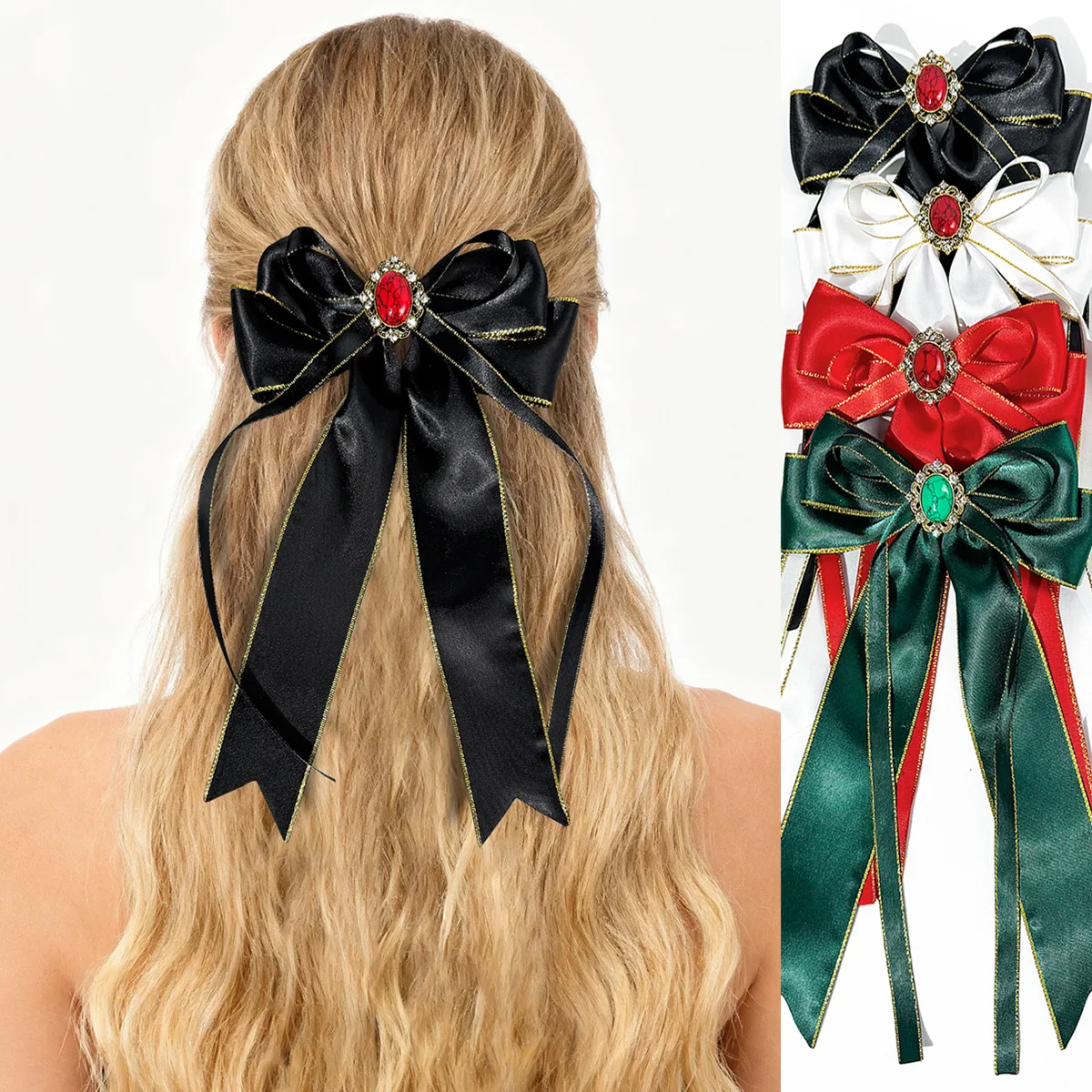 24pc Gold Edge Satin Ribbon Bow Hair Clips with Long Tassel Rhinestone Hairgrips for Women And Girls Bulk Pack