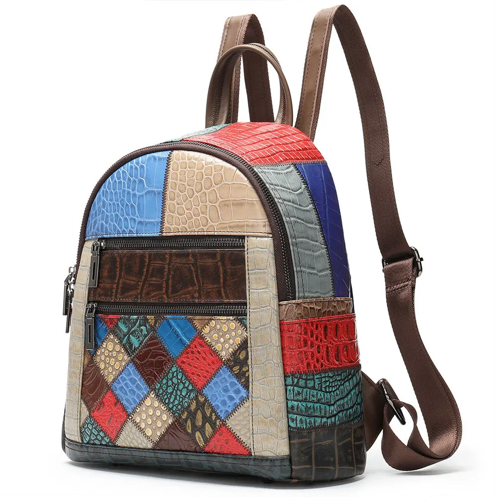 Retro National Style Woman Bagpack Bag Genuine Leather Lady Backpack Travel Bag For Male Patchwork Colorful Backpacks For Women