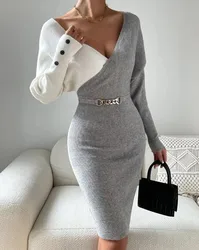 Autumn and Winter New Women's Fashion Temperament Casual Elegant V-neck Splice Fashion Slim Fit Sexy Wrapped Hip Knit Dress