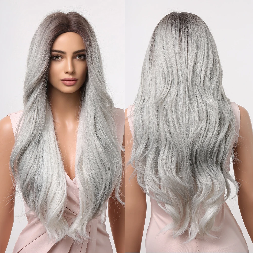 Long Body Wavy Wigs Grey with White Cosplay Synthetic Hair Wigs for Women Party Lolita Use Fake Hair Heat Resistant Dark Root