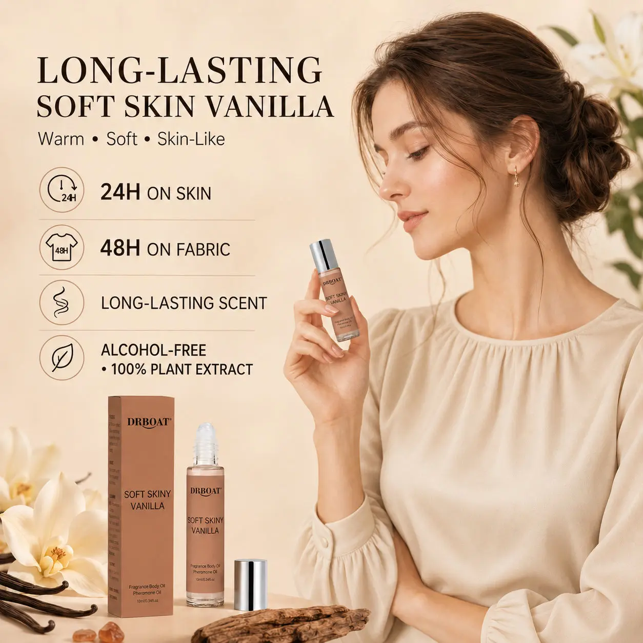 Women Roll On Fragrance Oil, Soft Skin Vanilla Oriental Scent, Alcohol-Free Portable Long Lasting Pheromone Roll-On Perfume Gift
