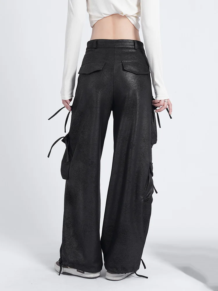 QOERLIN-Pantalon Cargo en Faux Cuir à Poches Multiples, Jambes Larges, Noir, Taille Haute, Surdimensionné