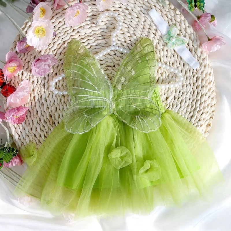 2Pcs Newborns Photography Suit Baby Girls Butterfly Tulle Dress Sleeveless and Matching Headband Set for Photoshoots