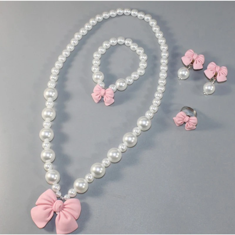 Children'S Elegant Jewelry Set Cute Pearl Bow Ring Necklace Bracelet Little Girl Birthday Gift Earrings Jewelry 5-Piece Set