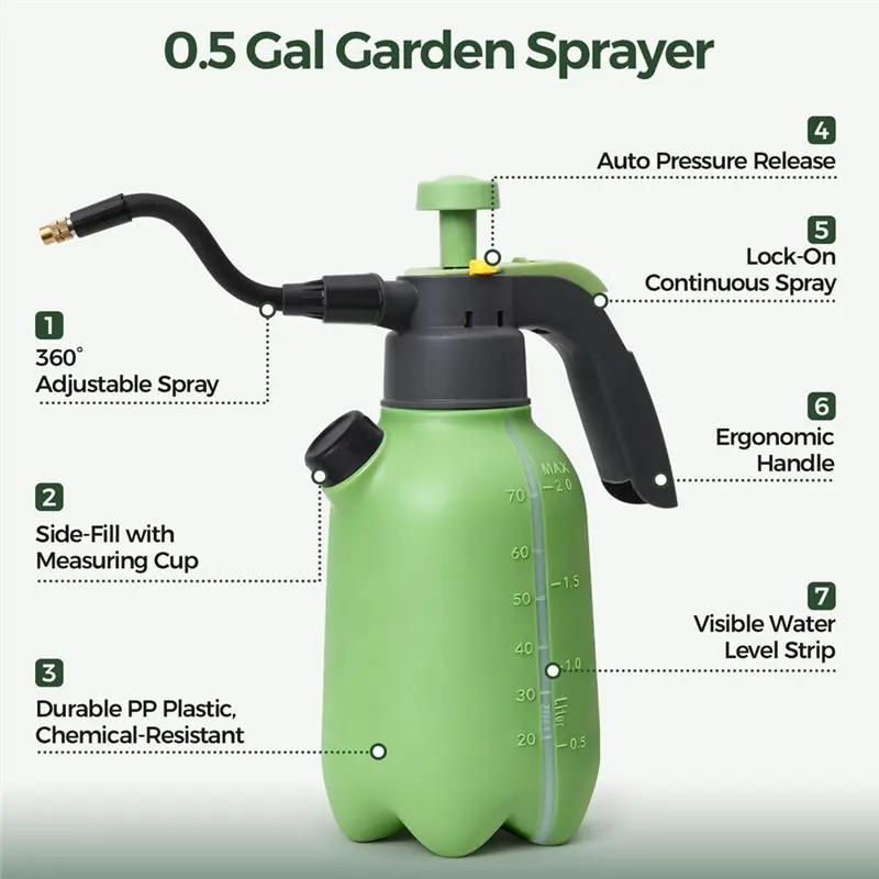 Sprayer With Flexible Adjustable Nozzle, 1/2 Gallon Pump Hand Pump Pressure Sprayers Including Built-In Measuring Cup