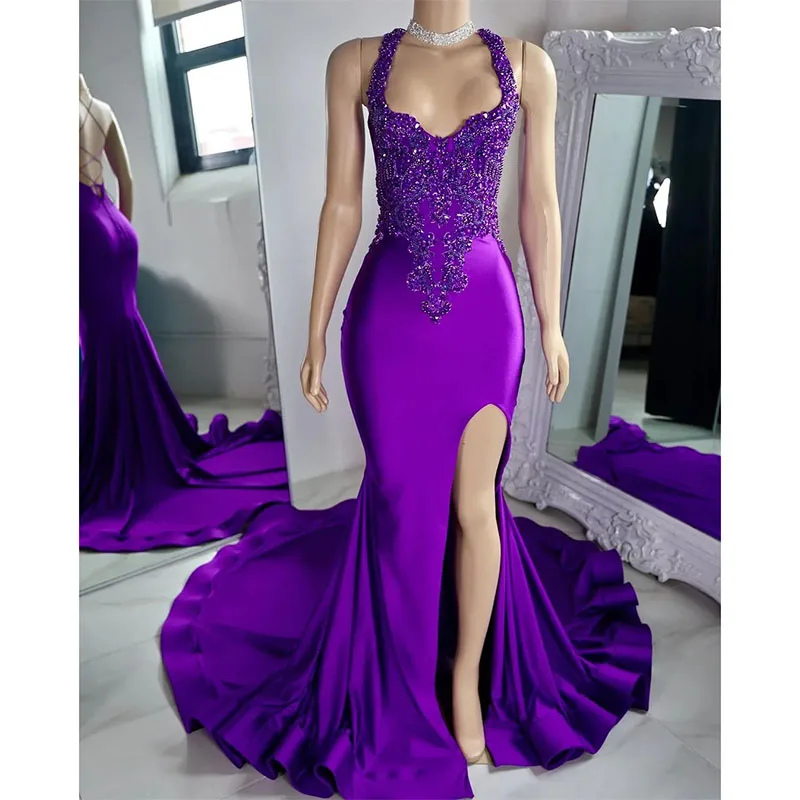 Grape Mermaid Prom Dress for Black Women Beads Covered Formal Evening Dresses Elegant Sweep Train Dresses for Special Occasions