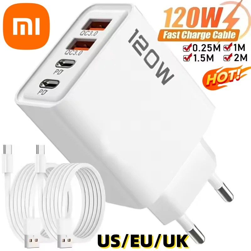 Xiaomi 120 Вт 4-портовое зарядное устройство USB типа C Кабель для быстрой зарядки данных USB-адаптер для зарядного устройства для телефона для Samsung IPhone Huawei Настенное зарядное устройство