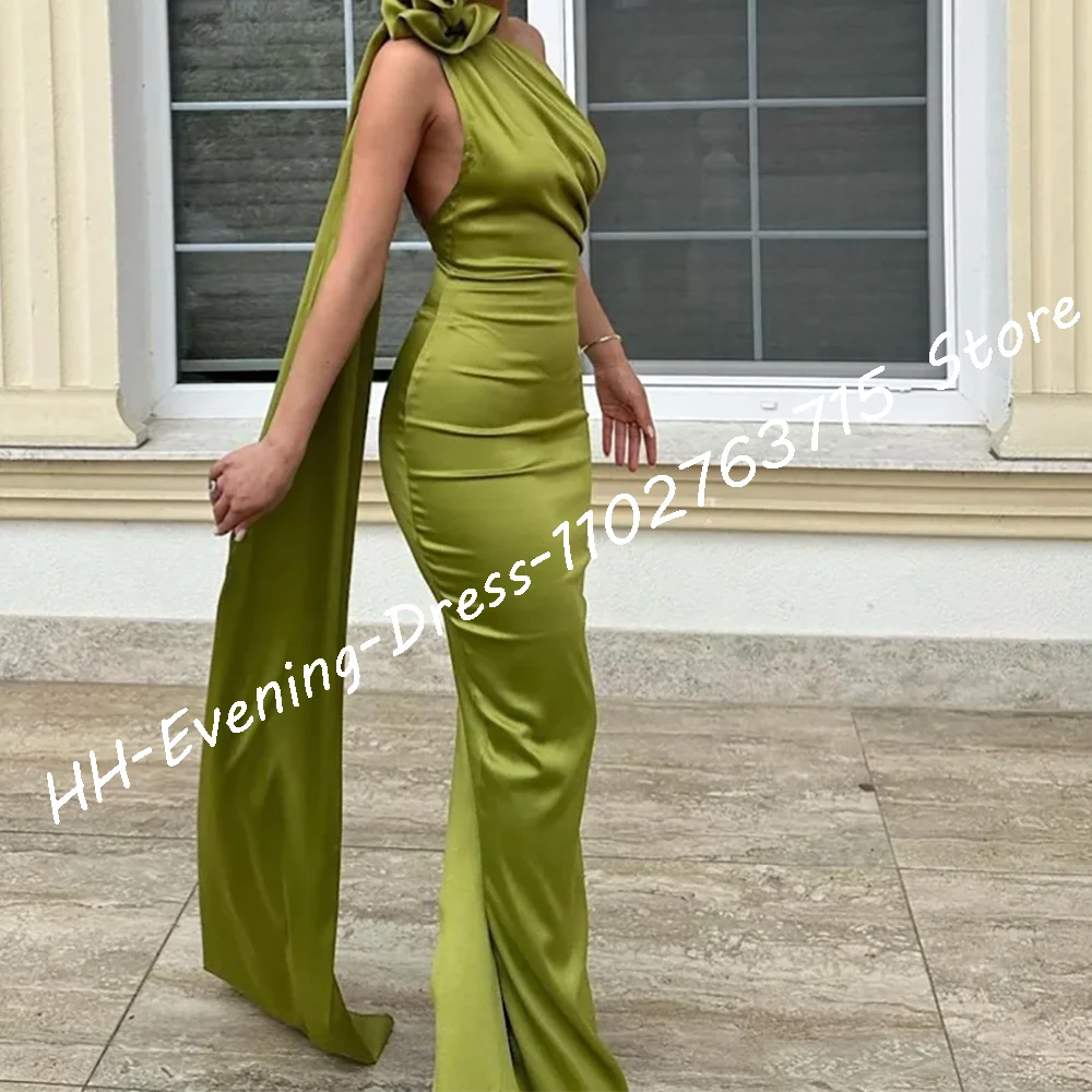 Vestidos de noche formales de sirena con flores y cuello Halter de satén elegante, vestidos de fiesta de cumpleaños personalizados