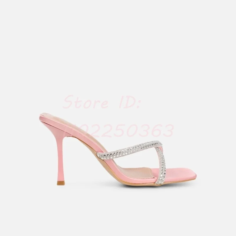 

Sexy Crystal Cross-tied Thin Heels Slippers Solid Satin Square Toe Slip-on PU Stilettos Office Lady Dress Shoes 2024 Pink Orange
