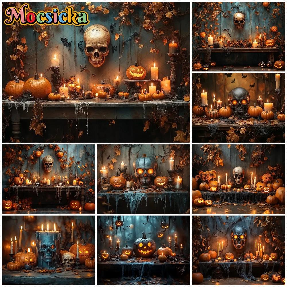 

Mocsicka Halloween Backdrop Photography Autumn Pumpkin Party Skull Leaf Decorations Day Of The Dead Backgrounds Studio Wallpaper