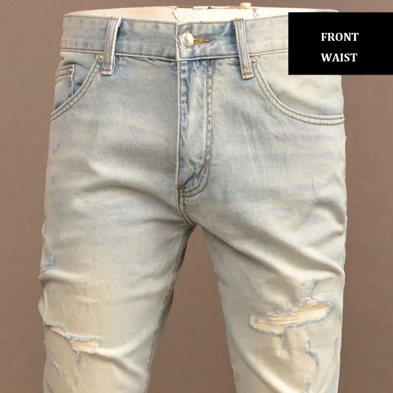 Streetwear Fashion Designer Men Jeans Retro Washed Light Blue Stretch Slim Fit Ripped Jeans Men Vintage Denim Pants Hombre