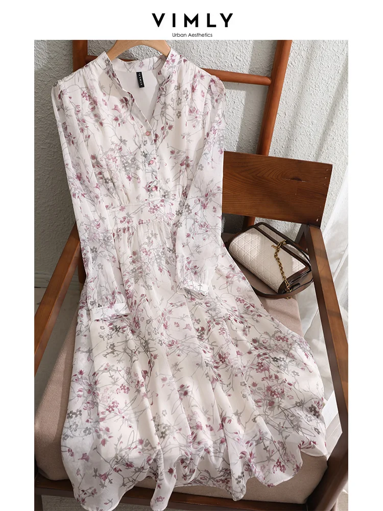 Vimly Elegant Fairycore Chiffon Dresses for Women 2024 Vinatage A-line Stand Collar Long Sleeve Vocation Floral Dress V7983