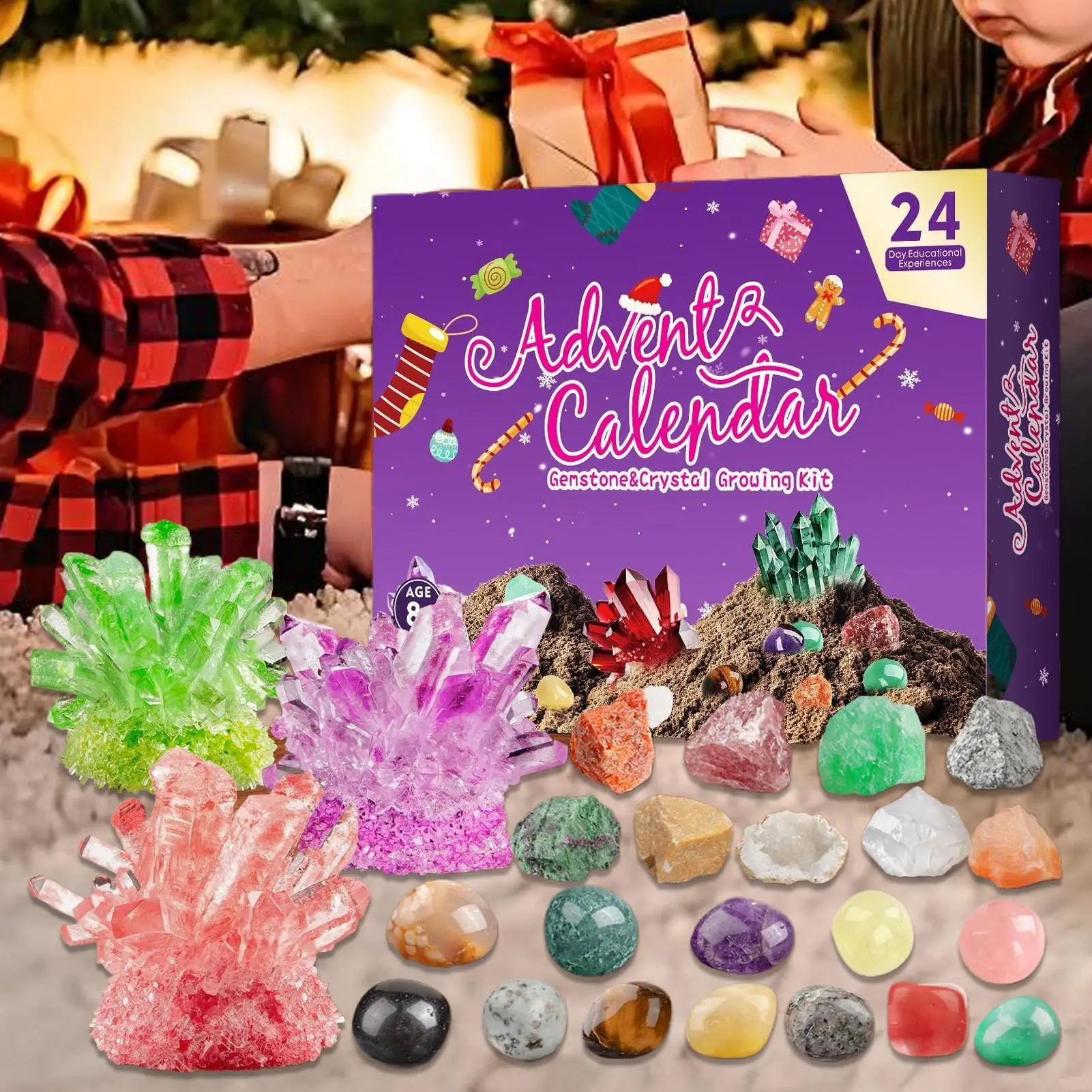 Calendrier de l'avent en cristal 2025 avec 24 pierres précieuses naturelles, Kit scientifique éducatif pour adultes et enfants, jouet de Collection de roches naturelles