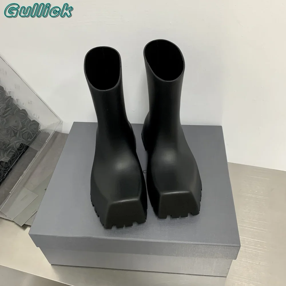 

Trendy Solid Black Boots Square Toe Thick Heel Block Heel Slip On Mid-Calf Summer Autumn Women Outwear Anti Slip Rain Shoes