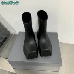 Trendy Solid Black Boots Square Toe Thick Heel Block Heel Slip On Mid-Calf Summer Autumn Women Outwear Anti Slip Rain Shoes