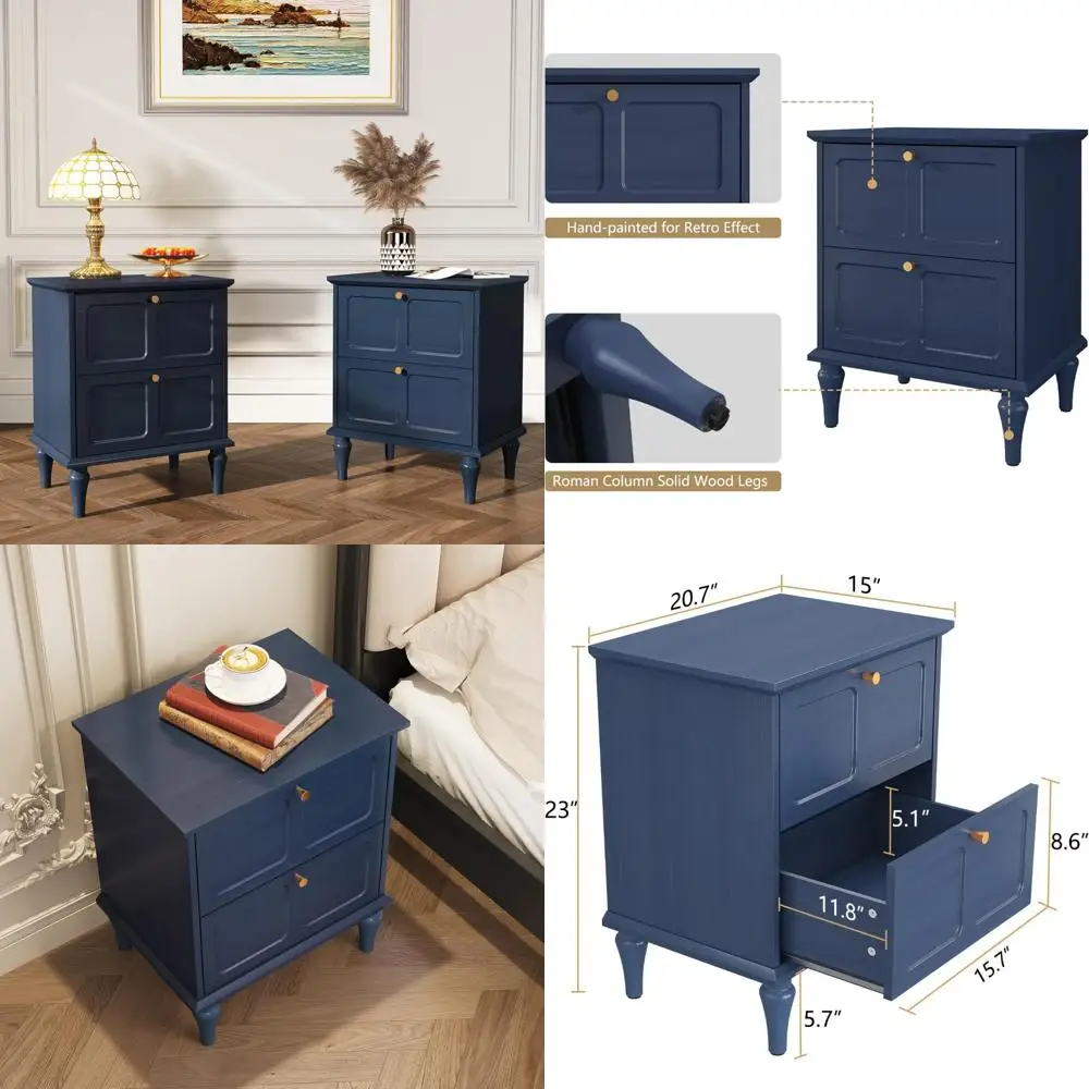 Par de mesitas de noche modernas de mediados de siglo, cajones de almacenamiento, patas de madera maciza, mesa auxiliar de madera, manijas de metal dorado, muebles de dormitorio elegantes