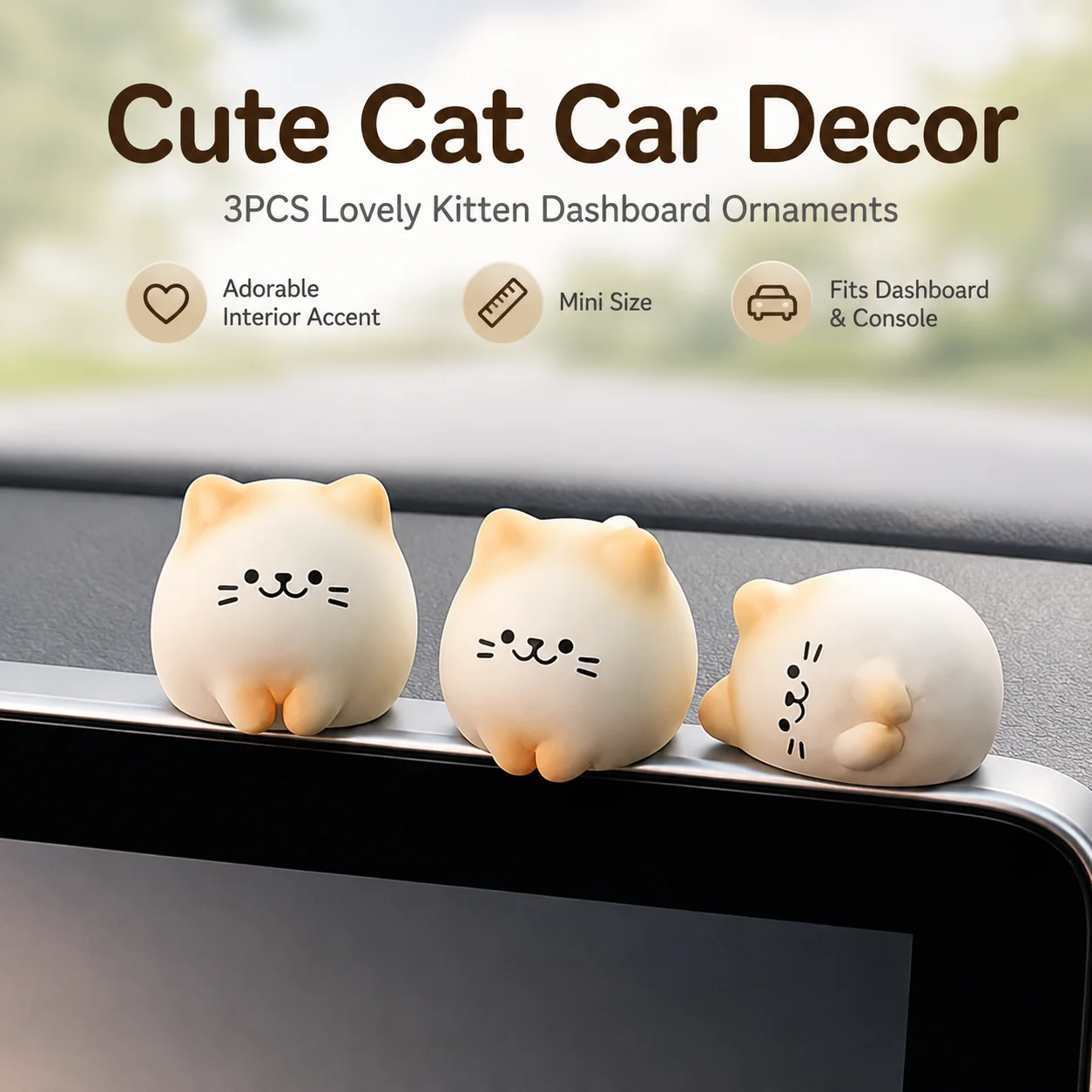 3Pcs Cute Cat Car Accessories Kitten Figurines Dashboard Decor Center Console Interior Ornament
