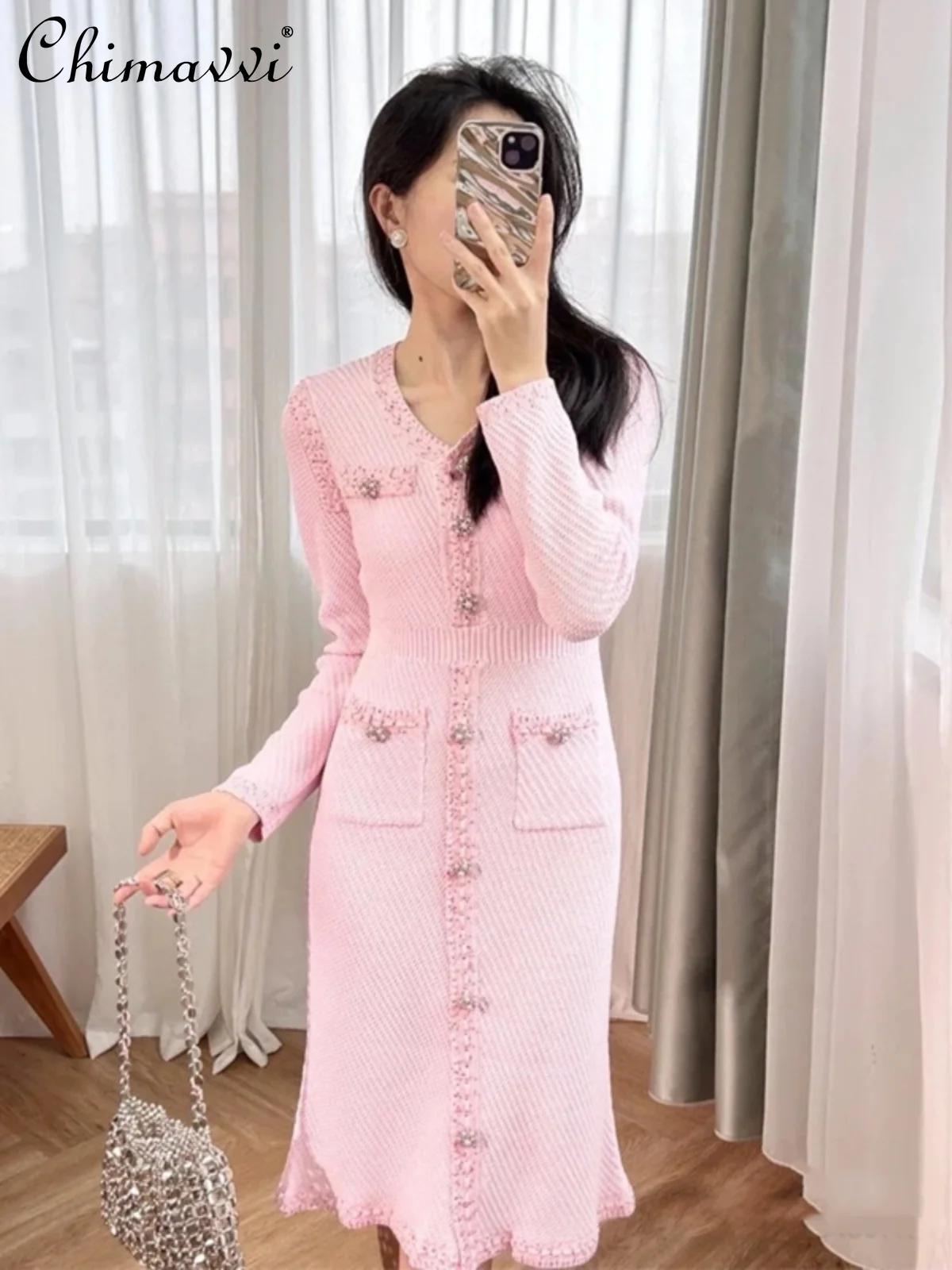 2024 Spring and Autumn New Fashion Sequined Round Neck Long Sleeve Pink Knitted Dress V-neck Slimming Women\'s Midi Dress