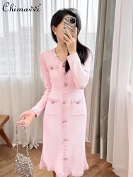 2024 Spring and Autumn New Fashion Sequined Round Neck Long Sleeve Pink Knitted Dress V-neck Slimming Women's Midi Dress