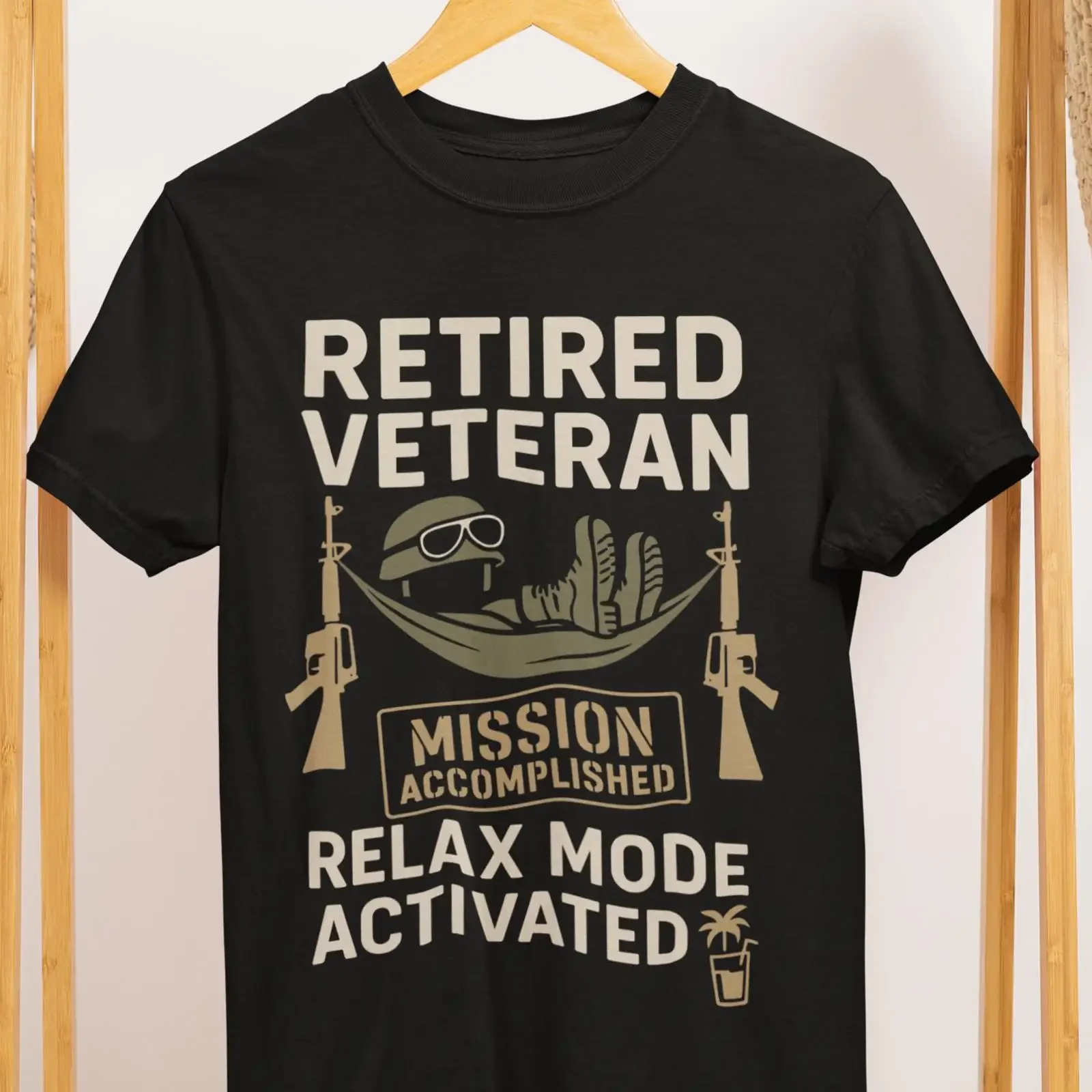 T-shirt pour vétéran en retraite, motif « Mission Accomplie » et « Mode Détente Activé », humoristique, militaire, vintage, délavé, extensible, pour le quotidien