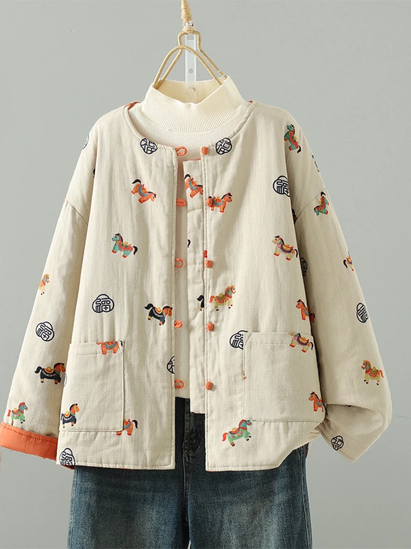 High-End Women's Double-Sided Wear Cotton Linen Jacket Loose round Neck Button Chinese Style Coat Warm Comfortable Winter Out...