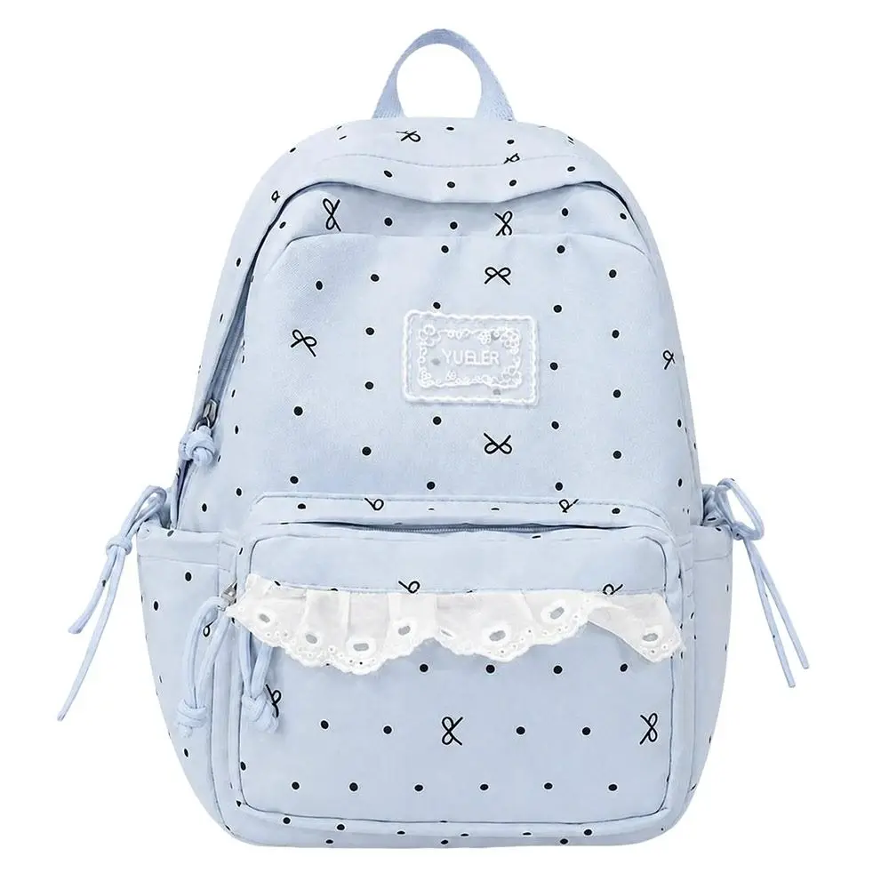 Large Capacity Campus Backpack Polka Dot Bowknot Student Schoolbag Preppy Style Design Soft Nylon Material Lace Floral Backpack