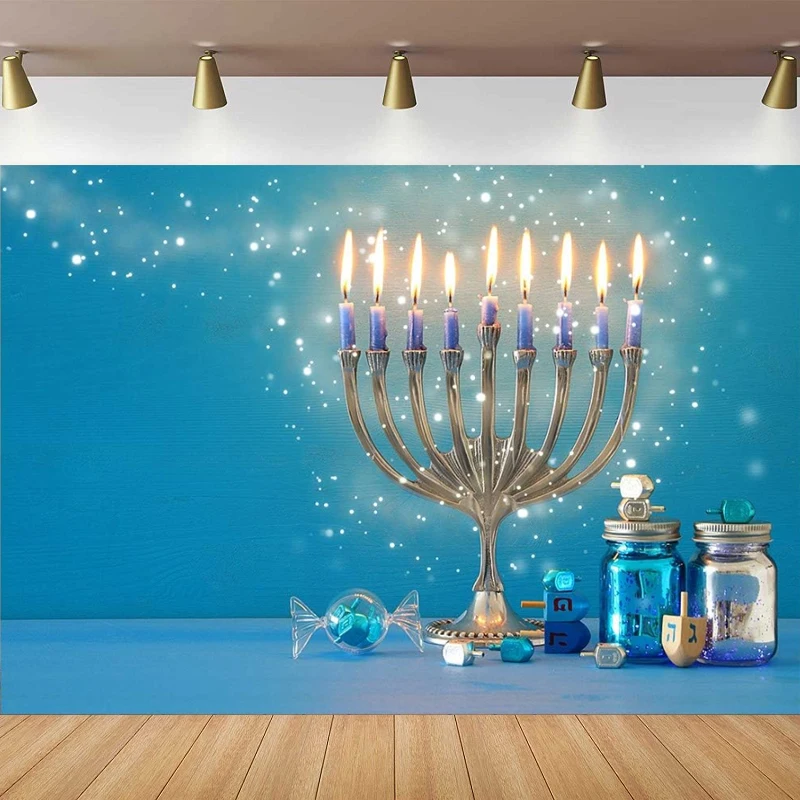 Photography Backdrop For Happy Hanukkah 9 Golden Lamp Background Israel Party Decoration Poster Cake Table Banner